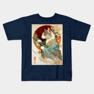Art Nouveau Traditional Japanese Samurai Cat Kids T-Shirt
